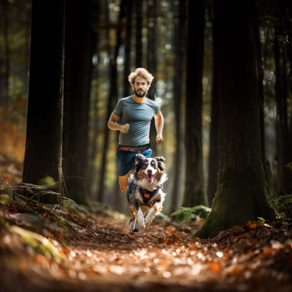 Séance de canicross en forêt - chien avec harnais de trait et laisse élastique avec ammortisseur